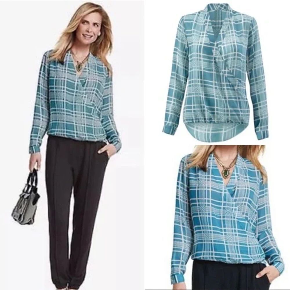 CABI Blue White Windowpane Faux Wrap High Low Lightweight Blouse Top Size Large